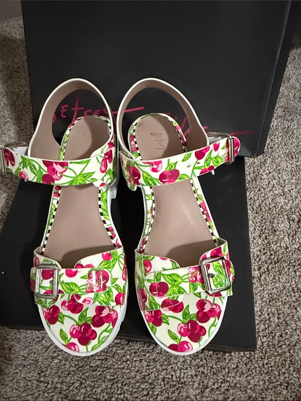 Betsey Johnson White Platform Sandals with Pink & Green Cherry Print